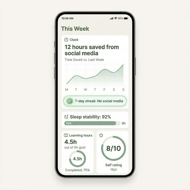 成長儀表板 — 本週數據、戒斷天數、睡眠、學習時數