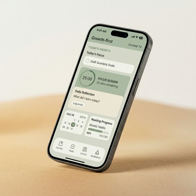 ReFocus Phone — Growth-first home screen showing daily focus, timer, reflection and reading progress